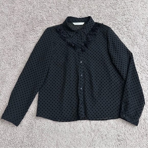 Zara Tops - Zara Basic Black Swiss Dot Long Sleeve Button Up Blouse Shirt Womens M
